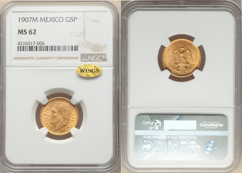 Estados Unidos gold 5 Pesos 1907-M MS62 NGC, Mexico City mint, KM464. 

HID09801...