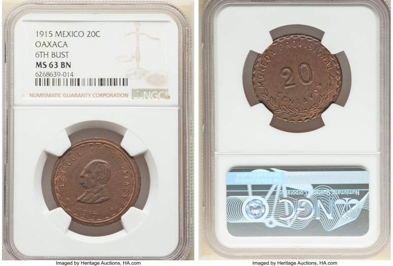 Oaxaca. Revolutionary 20 Centavos 1915 MS63 Brown NGC, KM731.1. 6th bust variety...