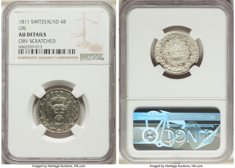 Uri. Canton 4 Batzen 1811 AU Details (Obverse Scratched) NGC, KM44, HMZ 2-992, D...