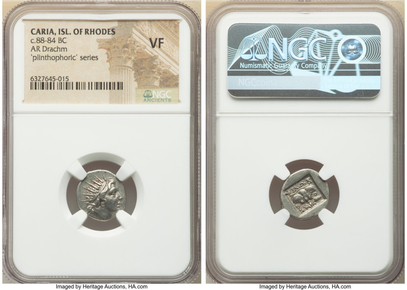 CARIAN ISLANDS. Rhodes. Ca. 88-84 BC. AR drachm (15mm, 11h). NGC VF. Plinthophor...