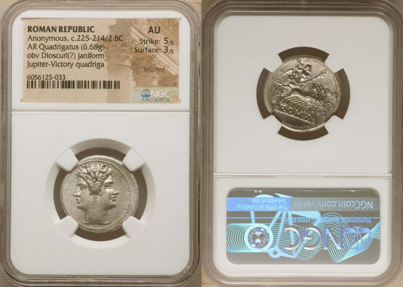 Anonymous. Ca. 225-214/2 BC. AR didrachm or quadrigatus (23mm, 6.68 gm, 7h). NGC...