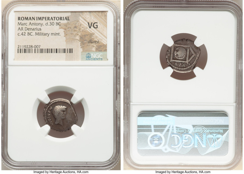 Marc Antony (43-30 BC). AR denarius (19mm, 9h). NGC VG, clipped. Military mint t...