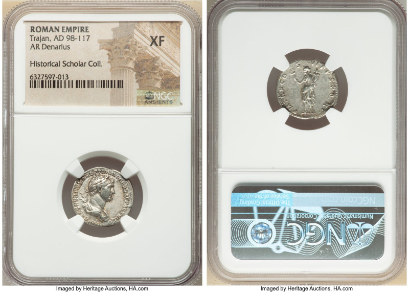 Trajan (AD 98-117). AR denarius (18mm, 6h). NGC XF. Rome, AD 115-116. IMP CAES N...