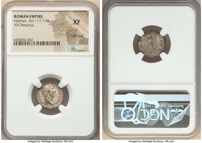 Hadrian (AD 117-138). AR denarius (17mm, 5h). NGC XF, edge chip. Rome, AD 136. H...