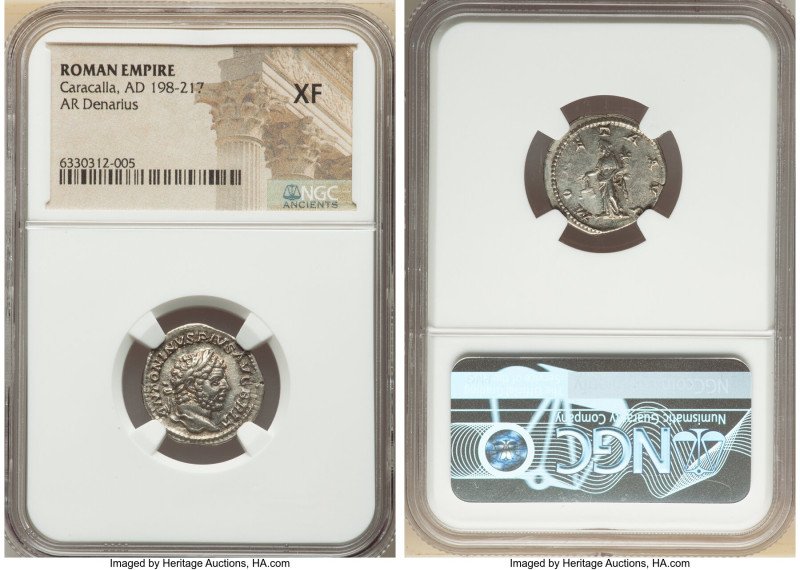 Caracalla, as Augustus (AD 198-217). AR denarius (18mm, 6h). NGC XF. Rome, ca. A...