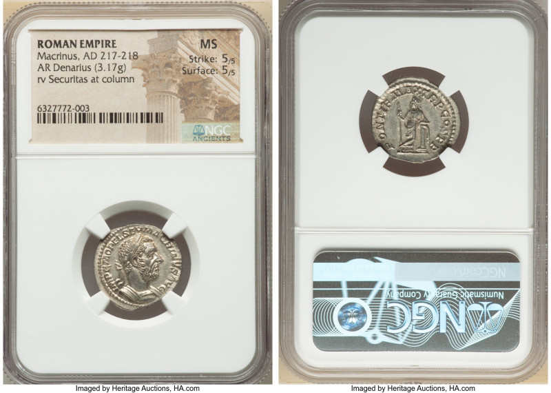 Macrinus (AD 217-218). AR denarius (19mm, 3.17 gm, 6h). NGC MS 5/5 - 5/5. Rome, ...