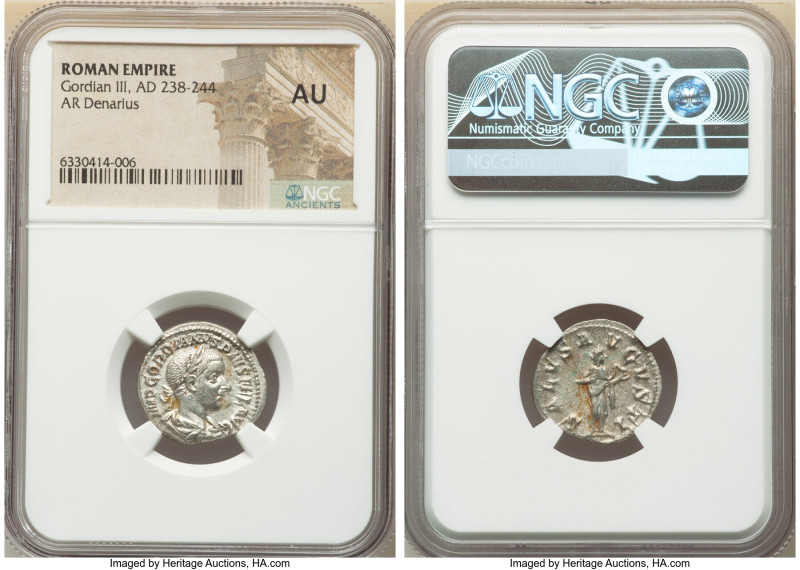 Gordian III, as Augustus (AD 238-244). AR denarius (20mm, 6h). NGC AU. Rome, sum...