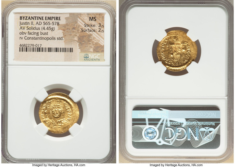 Justin II (AD 565-578). AV solidus (21mm, 4.45 gm, 6h). NGC MS 3/5 - 2/5. Consta...