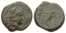 Lukanien. Copia.

 Quadrans (Bronze). Ca. 193 - 150 v. Chr.
Vs: Kopf des jugendlichen Herakles mit Löwenfell rechts; im Feld links drei Wertkugeln....