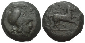 Sizilien. Aitna.

 Bronze (Tetras). Ca. 355 - 339 v. Chr.
Vs: Kopf der Athena mit korinthischem Helm rechts.
Rs: Pferd nach rechts galoppierend, d...