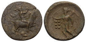 Sizilien. Himera.

 Bronze (Hemilitra). Ca. 420 - 415 v. Chr.
Vs: Pan auf Ziege nach rechts reitend, darunter Helm.
Rs: Nike mit Aphlaston nach li...
