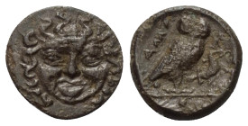 Sizilien. Kamarina.

 Bronze (Onkia). Ca. 339 - 300 v. Chr.
Vs: Gorgonenhaupt en face.
Rs: Eule nach rechts stehend; im Feld rechts Eidechse, im A...