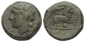 Sizilien. Syrakus. Hiketas (287 - 278 v. Chr.).

 Bronze.
Vs: Kopf der Persephone mit Ährenkranz links.
Rs: Biga nach rechts galoppierend.

21 m...