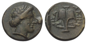 Thrakien. Apollonia Pontika.

 Leichter Dichalkon (Bronze). Ca. 410 - 323 v. Chr.
Vs: Kopf des Apollon mit Lorbeerkranz rechts.
Rs: Anker, links A...