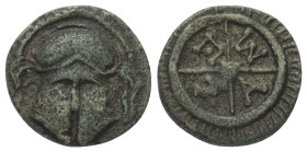 Thrakien. Mesembria.

 Bronze. 4. Jhdt. v. Chr.
Vs: Korinthischer Helm von vorn.
Rs: META in vierspeichigem Rad, das von einem Strichelkreis umgeb...