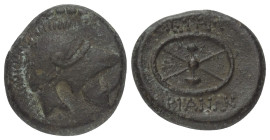 Thrakien. Mesembria.

 Bronze. Ca. 175 - 100 v. Chr.
Vs: Attischer Helm rechts.
Rs: Vierspeichiges Rad.

19 mm. 5,49 g. 

HGC 3, 1571; Karayot...