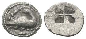 Makedonien. Eion.

 Trihemiobol (Silber). Ca. 460 - 400 v. Chr.
Vs: Gans nach rechts stehend, Kopf nach links gewandt, darüber Eidechse nach links....