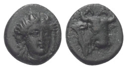 Aiolis. Larissa Phrikonis.

 Bronze. 4. Jhdt. v. Chr.
Vs: Kopf der Io (?) in Dreiviertelansicht rechts.
Rs: Vorderteil eines Stieres rechts, Kopf ...