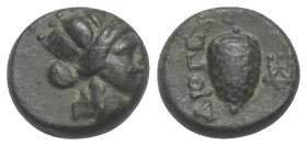Ionien. Metropolis.

 Bronze. 1. Jhdt. v. Chr.
Vs: Tychekopf mit Mauerkrone rechts.
Rs: Pinienzapfen; im Feld links Monogramm und rechts Magistrat...