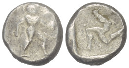 Pamphylien. Aspendos.

 Stater (Silber). Ca. 465 - 430 v. Chr.
Vs: Krieger mit Lanze und Schild nach rechts schreitend.
Rs: Triskeles in vertiefte...