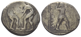 Pamphylien. Aspendos.

 Stater (Silber). Ca. 380 - 325 v. Chr.
Vs: Zwei Ringer einander gegenüber, der Linke packt mit beiden Händen den linken Arm...