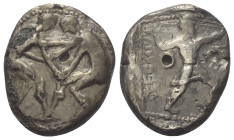 Pamphylien. Aspendos.

 Stater (Silber, subärat). Ca. 370 - 330 v. Chr.
Vs: Zwei Ringer einander gegenüber, der Linke packt mit beiden Händen den l...