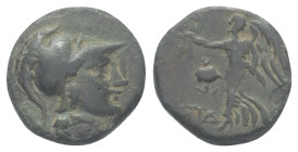 Pamphylien. Side.

 Bronze. 2. Jhdt. v. Chr.
Vs: Kopf der Athena mit korinthischem Helm rechts.
Rs: Nike mit Palmzweig und Kranz nach links stehen...