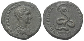 Moesia Inferior. Nikopolis. Diadumenianus (218 n. Chr.).

 Bronze.
Vs: Drapierte Büste rechts.
Rs: Schlange mit Nimbus in mehreren Windungen nach ...