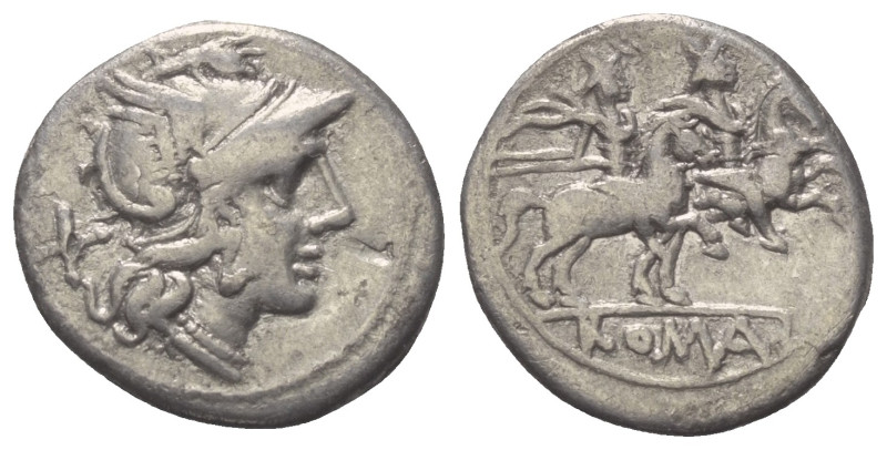 Anonyme Prägungen.

 Denar (Silber). Nach 211 v. Chr. Rom.
Vs: Kopf der Roma ...