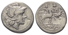 Anonyme Prägungen.

 Denar (Silber). Nach 211 v. Chr. Rom.
Vs: Kopf der Roma mit geflügeltem Helm rechts, dahinter Wertzeichen.
Rs: ROMA. Die Dios...