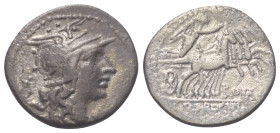 Q. Marcius mit C. Fabius und L. Roscius.

 Denar. 118 oder 117 v. Chr. Rom.
Vs: Kopf der Roma mit geflügeltem Greifenkopfhelm rechts, dahinter Wert...