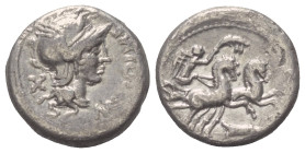 M. Cipius.

 Denar (Silber). 115 - 114 v. Chr. Rom.
Vs: M CIPI M F. Kopf der Roma mit geflügeltem Helm rechts, dahinter Wertzeichen.
Rs: ROMA. Vic...