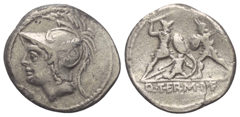 Q. Minucius Thermus.

 Denar (Silber). 103 v. Chr. Rom.
Vs: Kopf des Mars mit...