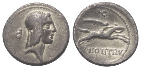 L. Calpurnius Piso Frugi.

 Denar (Silber). 90 v. Chr. Rom.
Vs: Kopf des Apollo mit Lorbeerkranz rechts, links davon Kontrollzeichen.
Rs: L PISO F...