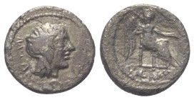 M. Porcius Cato.

 Quinar (Silber). 89 v. Chr. Rom.
Vs: M. CATO. Kopf des Liber mit Efeukranz rechts, darunter Doppelaxt.
Rs: VICTRIX. Victoria mi...