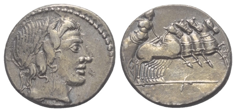 Anonym.

 Denar (Silber). 86 v. Chr. Rom.
Vs: Kopf des Apollo mit Eichenlaubk...