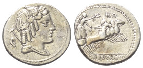 L. Iulius Bursio.

 Denar (Silber). 85 v. Chr. Rom.
Vs: Drapierte Büste des Apollo Veiovis mit Flügel, Lorbeerkranz und Dreizack rechts, dahinter B...