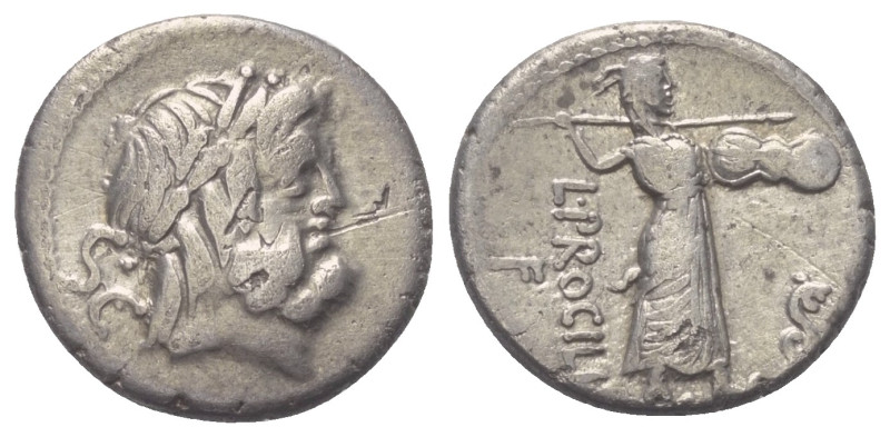 L. Procilius.

 Denar (Silber). 80 v. Chr. Rom.
Vs: Kopf des Jupiter mit Lorb...