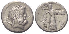 L. Procilius.

 Denar (Silber). 80 v. Chr. Rom.
Vs: Kopf des Jupiter mit Lorbeerkranz rechts, dahinter S C.
Rs: L PROCILI / F. Juno Sospita mit Sp...