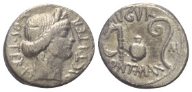 C. Iulius Caesar.

 Denar (Silber). 46 v. Chr.
Vs: COS TERT DICT ITER. Kopf der Ceres rechts.
Rs: AVGVR / PONT MAX. Priestergeräte, rechts Buchsta...