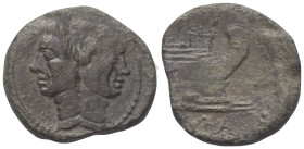 Sextus Pompeius.

 As. Ca. 42 - 38 v. Chr. Ungesicherte Münzstätte auf Sizilien.
Vs: MAGN. Janusartiger Doppelkopf des Pompeius Magnus mit Lorbeerk...