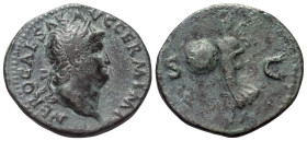 Nero (54 - 68 n. Chr.).

 As. 65 n. Chr. Rom.
Vs: NERO CAESAR AVG GERM IMP. Kopf mit Lorbeerkranz rechts.
Rs: Im Feld S - C. Victoria schwebt nach...