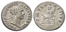Traianus (98 - 117 n. Chr.).

 Denar (Silber). 98 - 99 n. Chr. Rom.
Vs: IMP CAES NERVA TRAIAN AVG GERM. Kopf mit Lorbeerkranz rechts.
Rs: P M TR P...