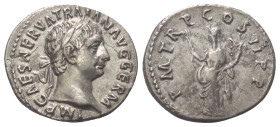 Traianus (98 - 117 n. Chr.).

 Denar (Silber). 98 - 99 n. Chr. Rom.
Vs: IMP CAES NERVA TRAIAN AVG GERM. Kopf mit Lorbeerkranz rechts.
Rs: P M TR P...