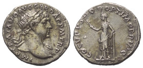 Traianus (98 - 117 n. Chr.).

 Denar (Silber). 110 n. Chr. Rom.
Vs: IMP TRAIANO AVG GER DAC P M TR P. Büste mit Lorbeerkranz und Drapierung rechts....