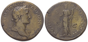Hadrianus (117 - 138 n. Chr.).

 Sesterz. 119 n. Chr. Rom.
Vs: IMP CAESAR TRAIANVS HADRIANVS AVG. Kopf mit Lorbeerkranz rechts.
Rs: PONT MAX TR PO...