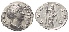 Faustina I. (gest. 141 n. Chr.). Diva Faustina I.

 Denar (Silber). Nach 141 n. Chr. Rom.
Vs: DIVA FAVSTINA. Drapierte Büste rechts.
Rs: AVGVSTA. ...