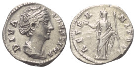 Faustina I. (gest. 141 n. Chr.). Diva Faustina I.

 Denar (Silber). Nach 141 n. Chr. Rom.
Vs: DIVA FAVSTINA. Drapierte Büste rechts.
Rs: AETERNITA...