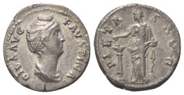 Faustina I. (gest. 141 n. Chr.). Diva Faustina I.

 Denar (Silber). Nach 141 n. Chr. Rom.
Vs: DIVA AVG FAVSTINA. Drapierte Büste rechts.
Rs: PIETA...
