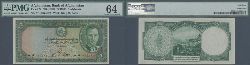 Afghanistan: 5 afghanis ND(1939) P. 22, condition: PMG graded 64 Choice UNC.